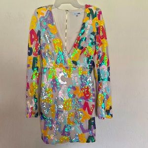 Fashion Nova Spell it Out Sequin Mini Dress size small, multi-color